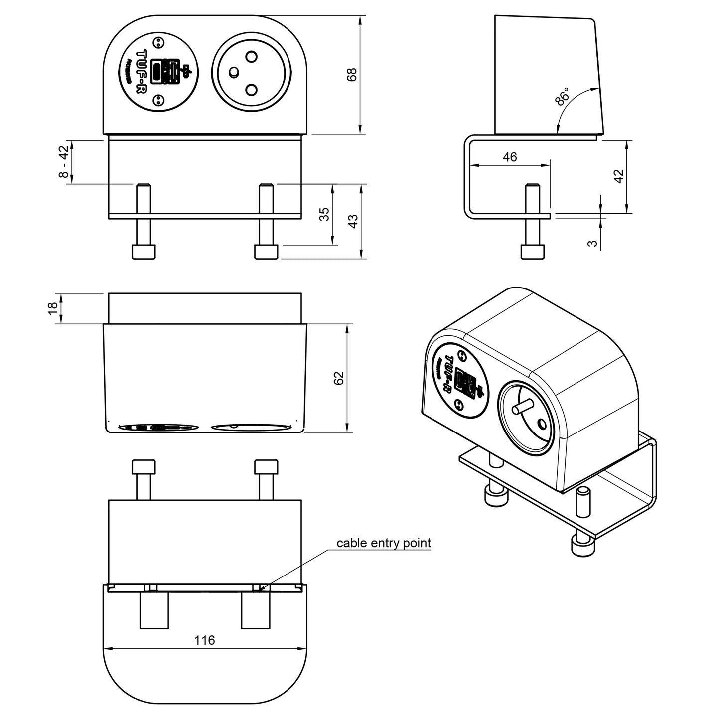 Einzelne Steckdose mit USB-Ladegerät - Phase